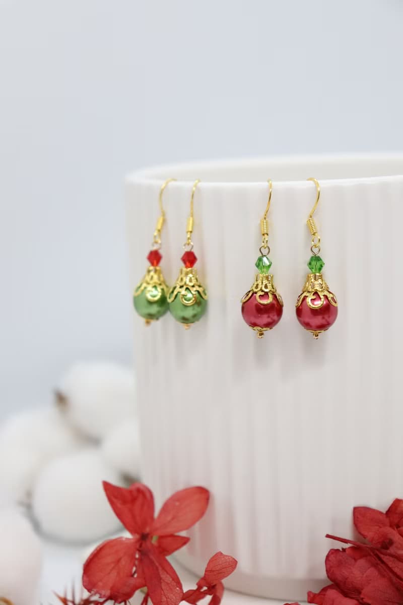 Christmas Red Ornament Little Dangle 925 Silver Earrings, Handmade Jewellery