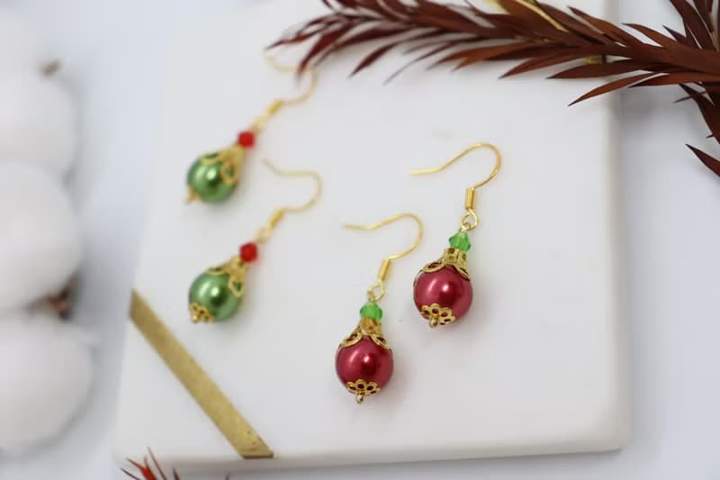 Christmas Red Ornament Little Dangle 925 Silver Earrings, Handmade Jewellery
