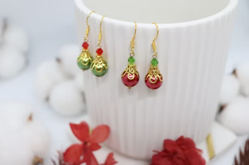 Christmas Red Ornament Little Dangle 925 Silver Earrings, Handmade Jewellery