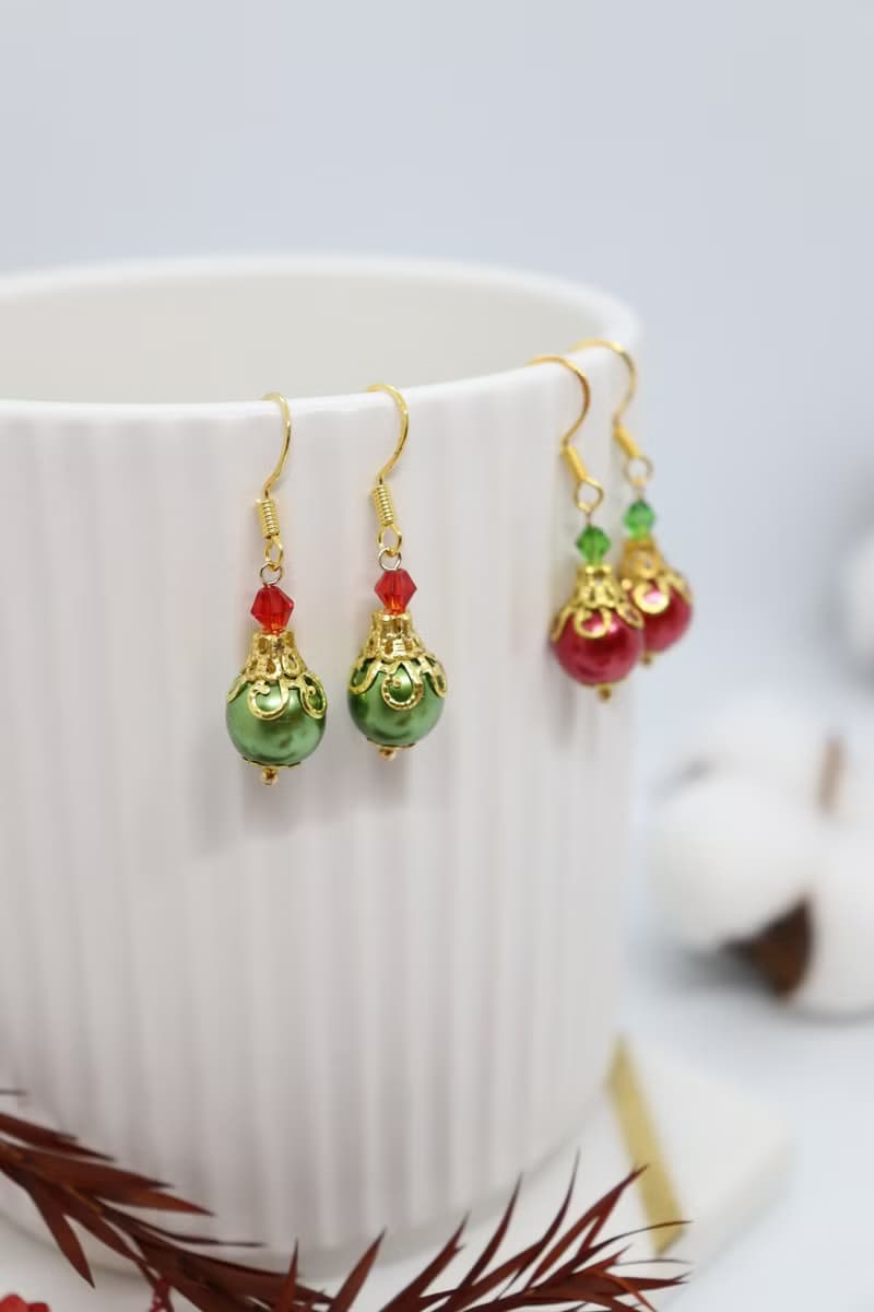 Christmas Red Ornament Little Dangle 925 Silver Earrings, Handmade Jewellery