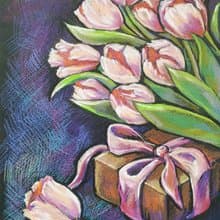 Pink tulips drawing flowers art painting oil pastel bouquet gift for a woman