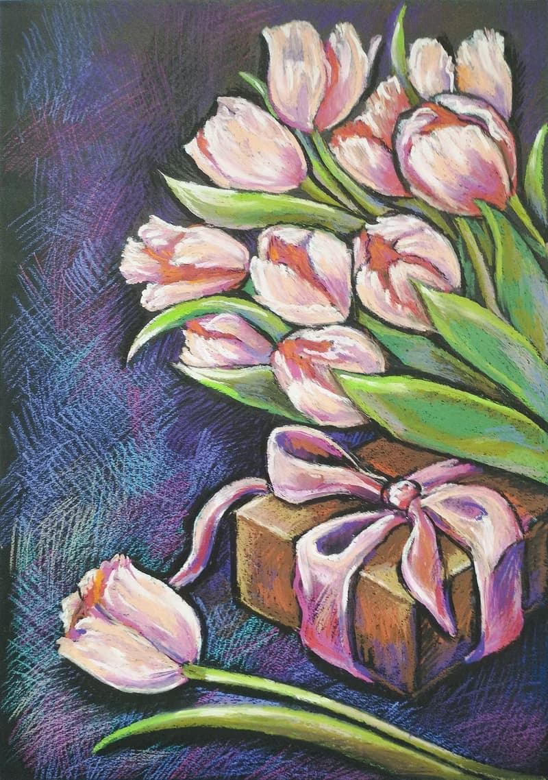 Pink tulips drawing flowers art painting oil pastel bouquet gift for a woman