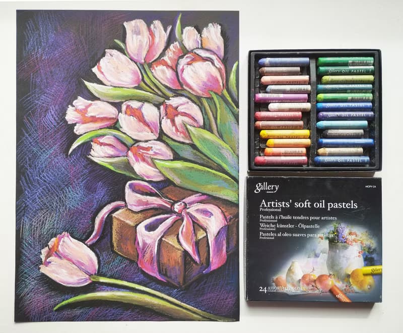 Pink tulips drawing flowers art painting oil pastel bouquet gift for a woman