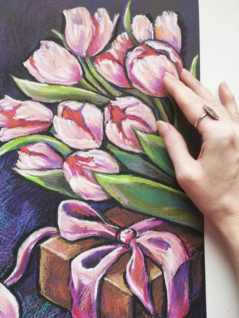 Pink tulips drawing flowers art painting oil pastel bouquet gift for a woman