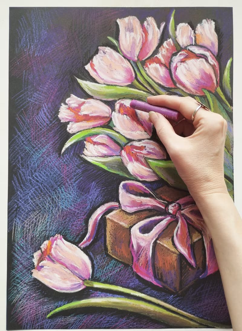 Pink tulips drawing flowers art painting oil pastel bouquet gift for a woman