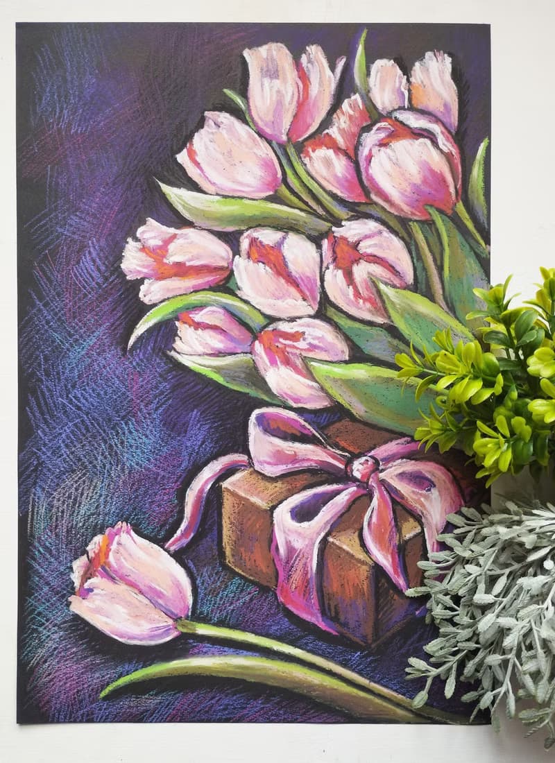 Pink tulips drawing flowers art painting oil pastel bouquet gift for a woman