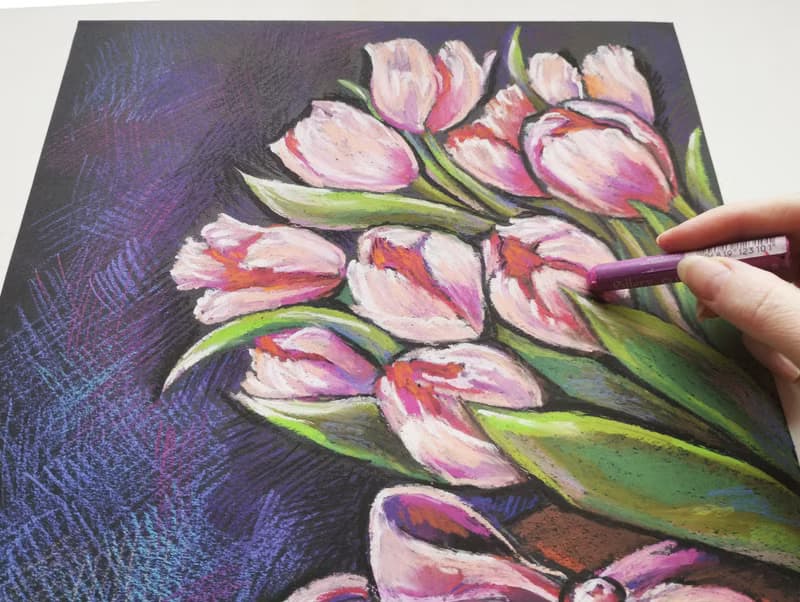 Pink tulips drawing flowers art painting oil pastel bouquet gift for a woman