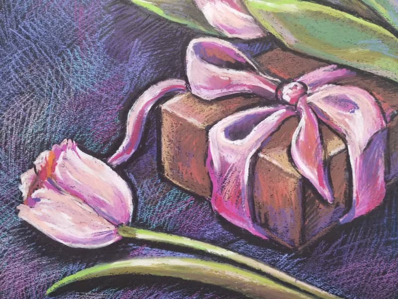 Pink tulips drawing flowers art painting oil pastel bouquet gift for a woman
