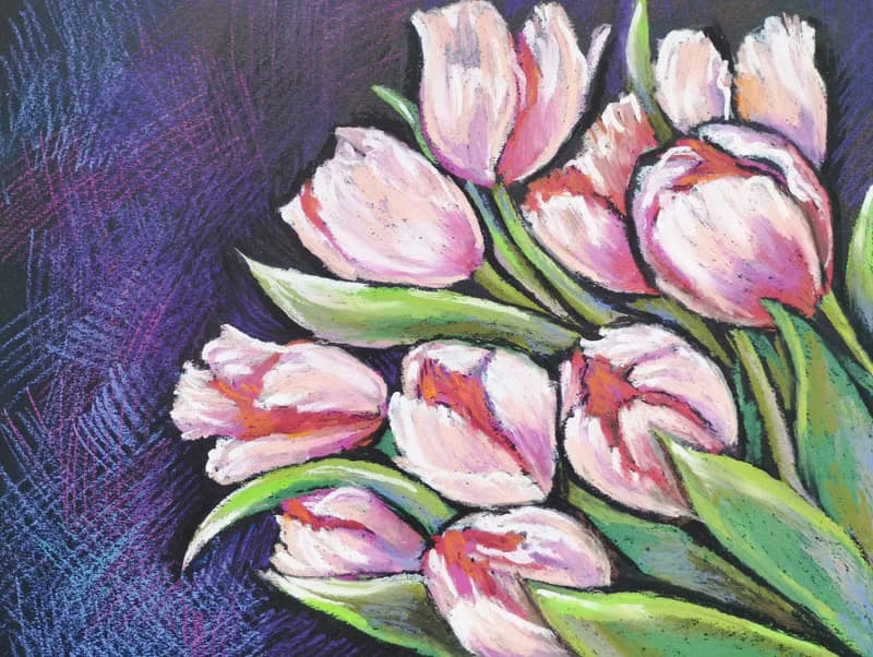 Pink tulips drawing flowers art painting oil pastel bouquet gift for a woman
