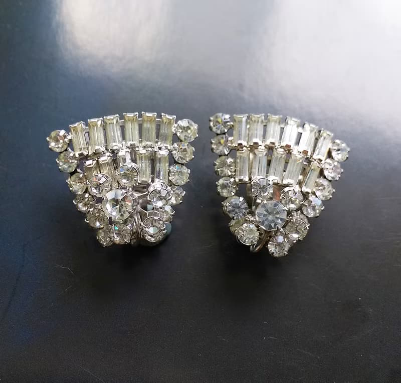 【西洋古董飾品 】ART DECO 立體放射 萊茵 大耳環 夾式耳環
