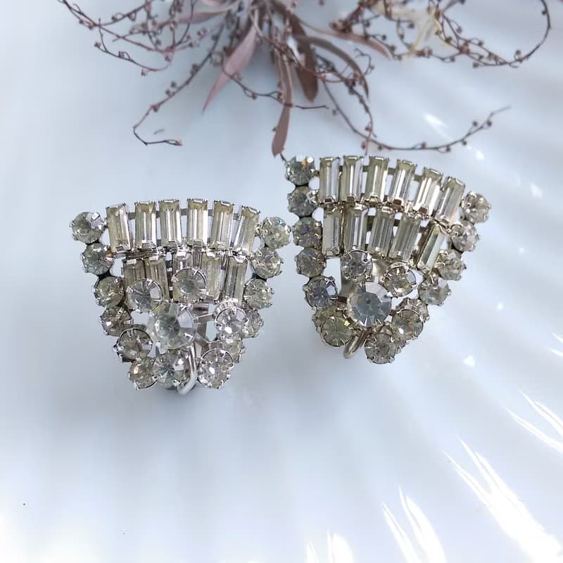 【西洋古董飾品 】ART DECO 立體放射 萊茵 大耳環 夾式耳環