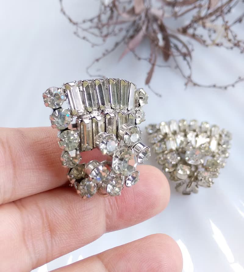 【西洋古董飾品 】ART DECO 立體放射 萊茵 大耳環 夾式耳環