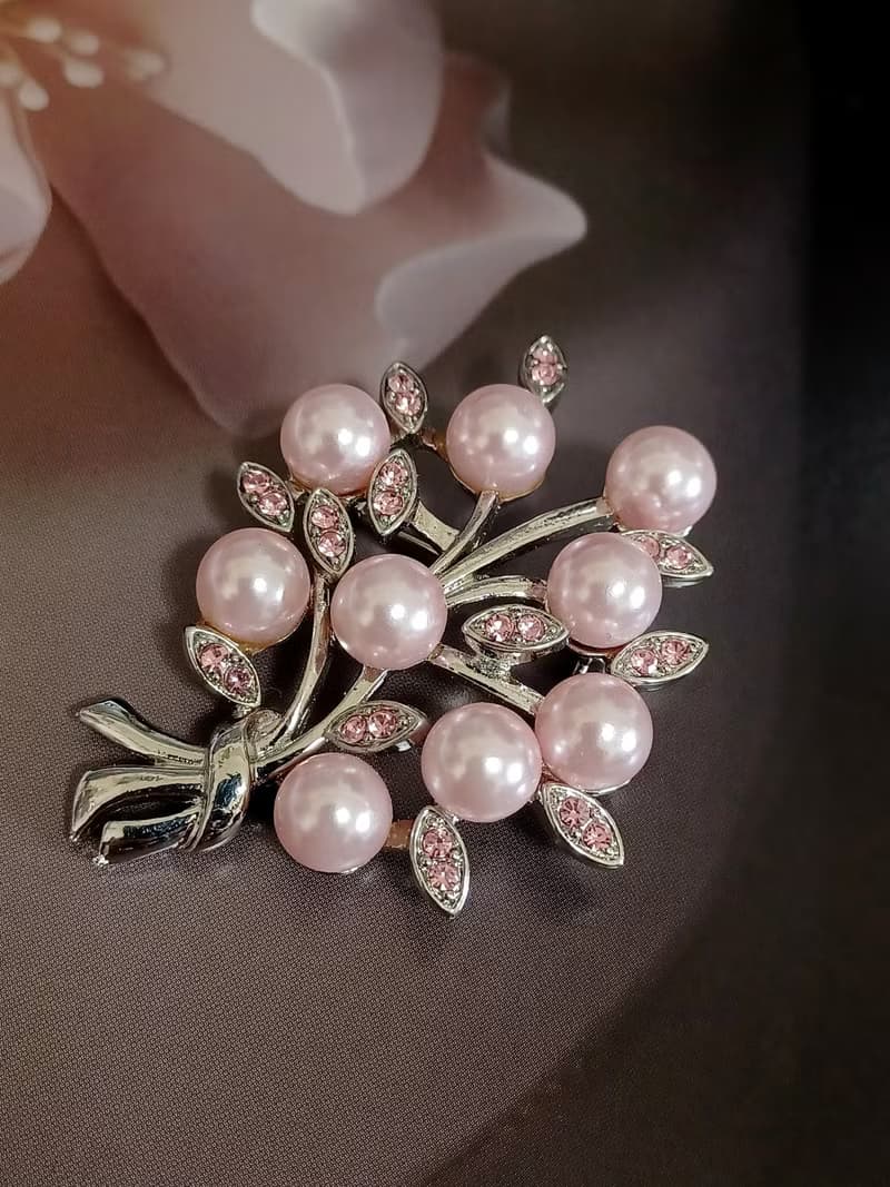 vintage jewelry 典雅粉色珍珠花束萊茵別針