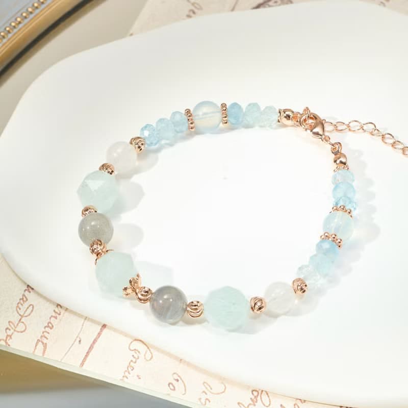 海藍寶 拉長石 天然水晶手鏈/水晶設計款 清晰表達 穩定情緒