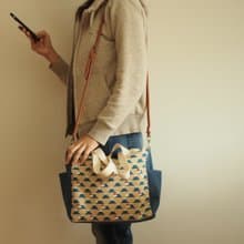 原創手工縫製托特側肩包帆布包 和風富士山圖案 可側背手挽