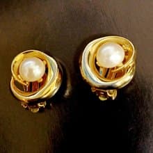 vintage jewelry  MARVELLA  古董金色迴旋珍珠 夾式耳環