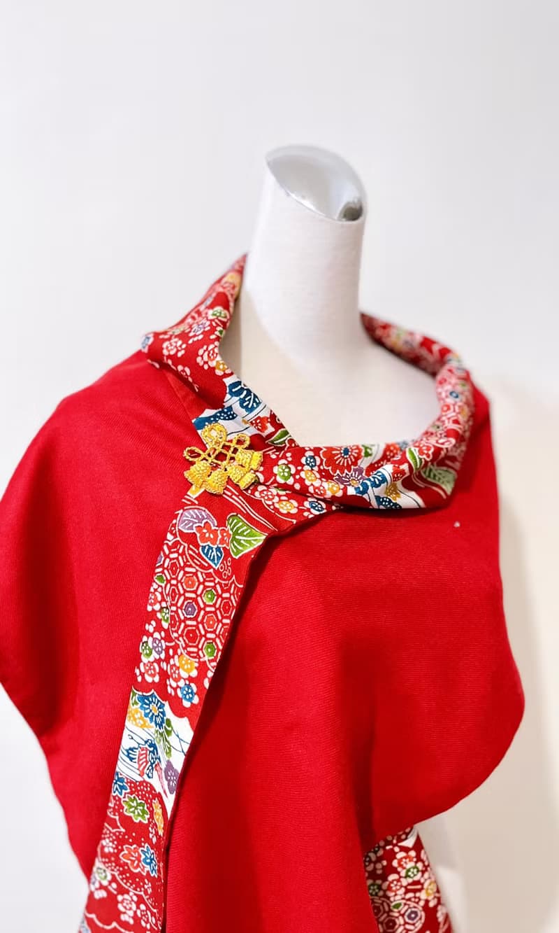 純手作紅色日本絲質型染四季風月花鳥柔手縫琉璃珠柔軟圍巾披肩