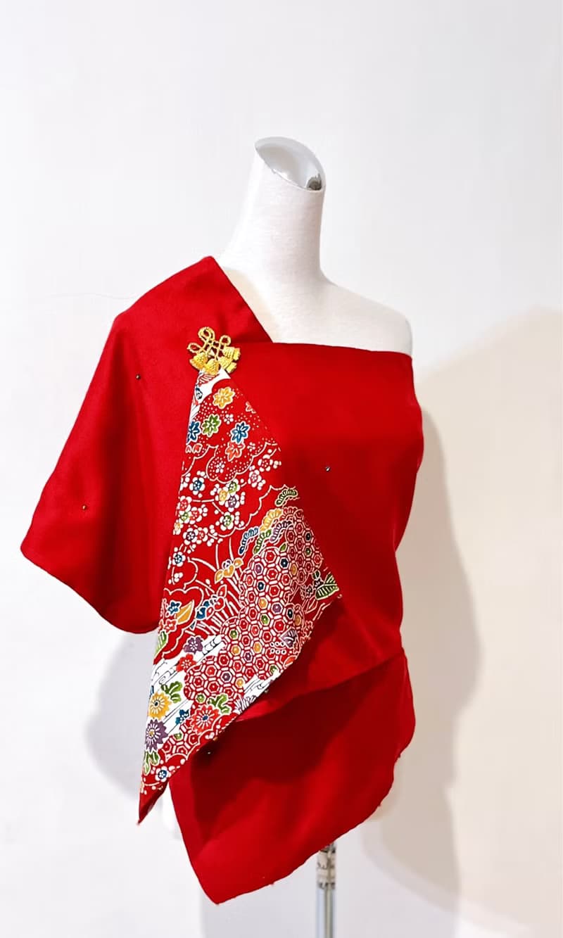 純手作紅色日本絲質型染四季風月花鳥柔手縫琉璃珠柔軟圍巾披肩
