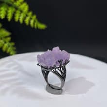 紫水晶原石活口戒指 晶簇標本霧面啞光紫色水晶手工指環 S925銀