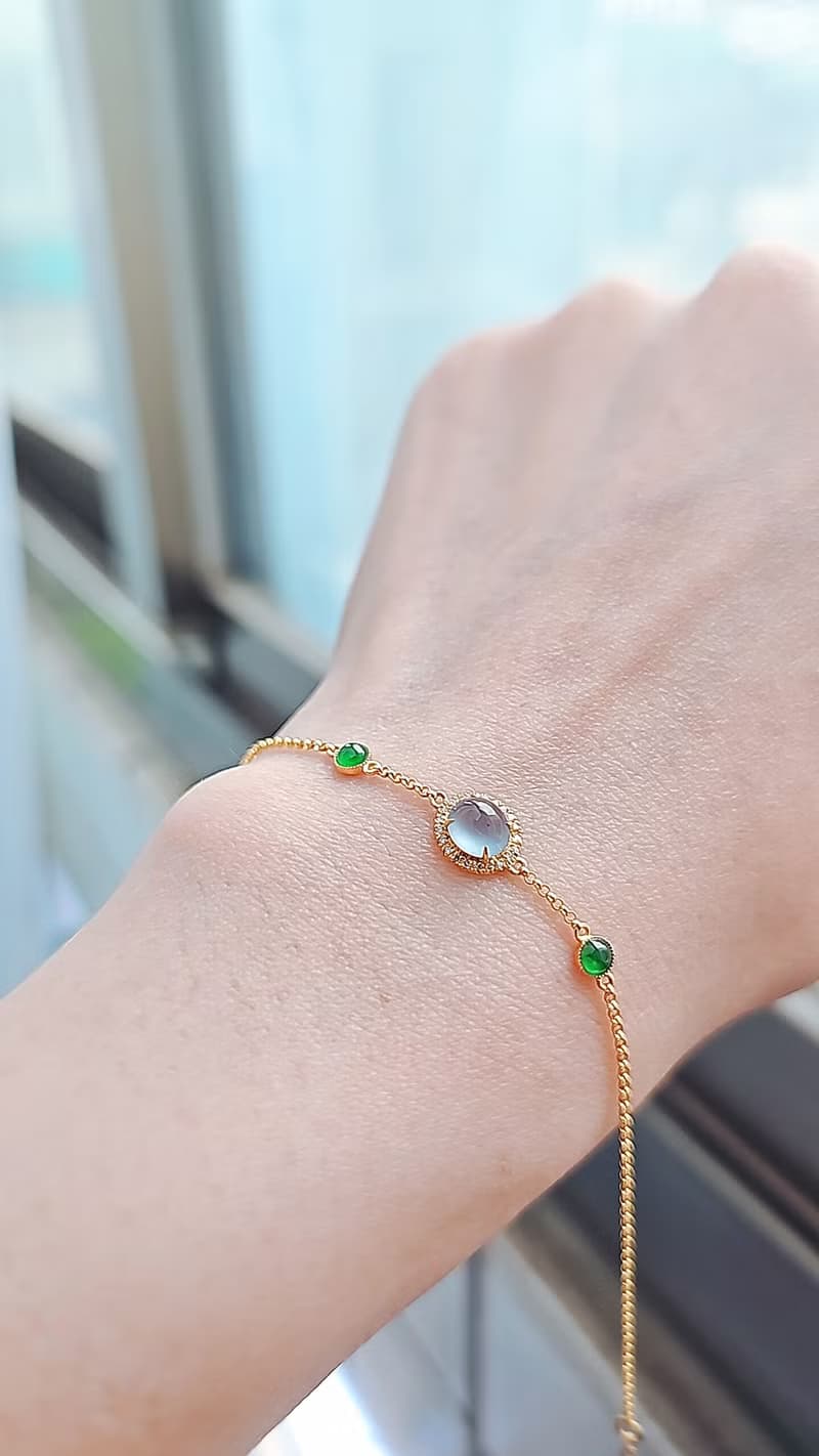 |招財女神鏈|A貨翡翠淡藍剛超飽滿蛋6.1mm18k金真鑽設計款手鏈