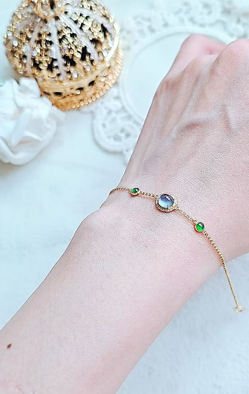 |招財女神鏈|A貨翡翠淡藍剛超飽滿蛋6.1mm18k金真鑽設計款手鏈