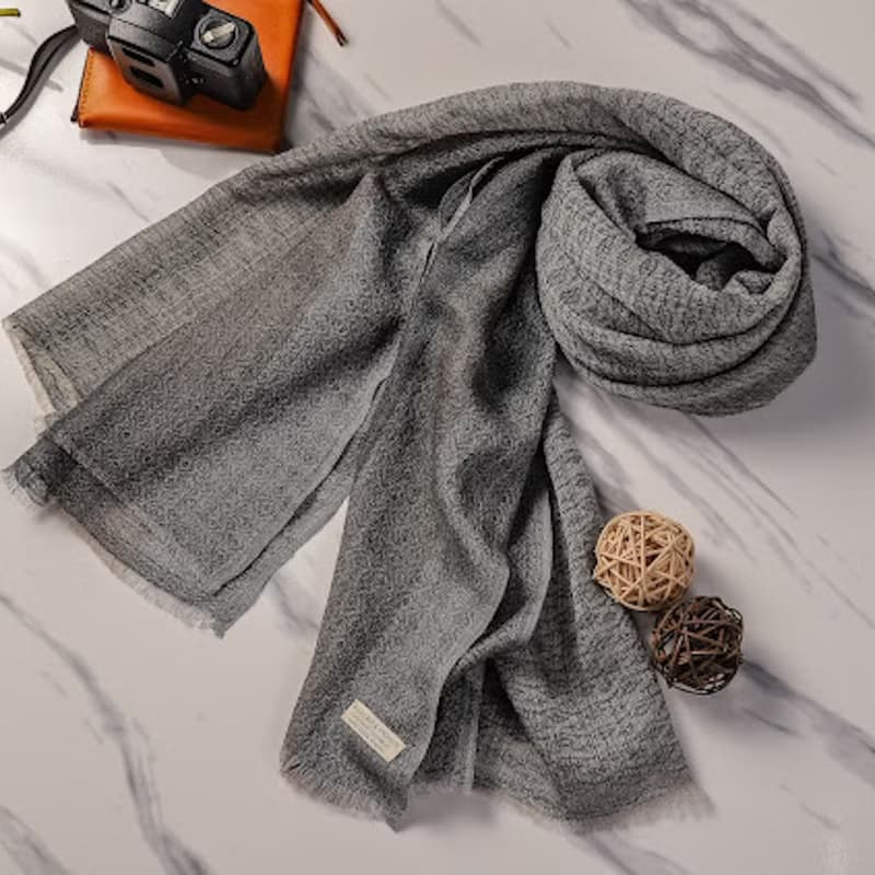 Cashmere羊絨圍巾/披肩 無染原色 灰黑條紋 戒指絨 輕柔保暖