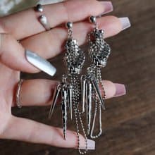 原創設計誇張復雜冷銀色幾何耳飾不對稱長款流蘇鏈條微鑲鋯石耳釘