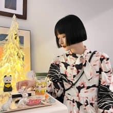 nunuyu目目玉原創設計兔子復古印花長袖優雅小領巾禮服連衣裙