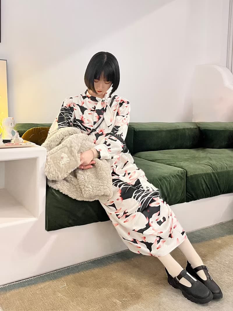 nunuyu目目玉原創設計兔子復古印花長袖優雅小領巾禮服連衣裙