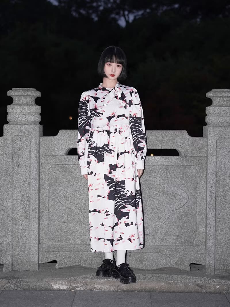 nunuyu目目玉原創設計兔子復古印花長袖優雅小領巾禮服連衣裙