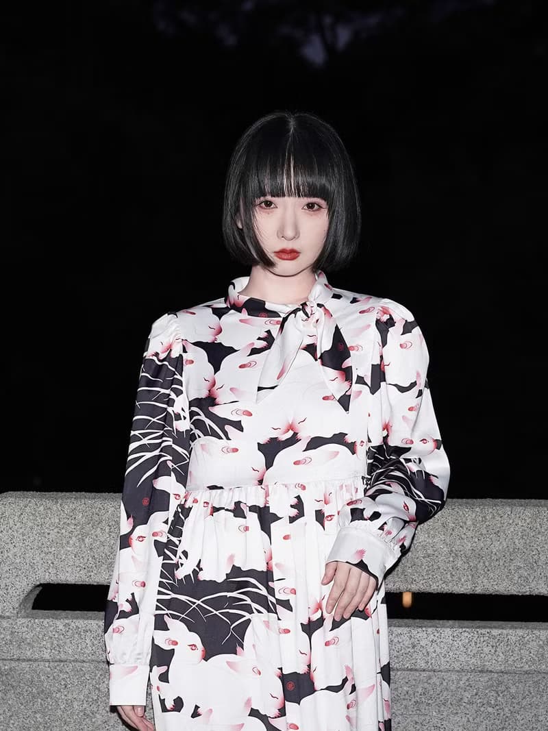 nunuyu目目玉原創設計兔子復古印花長袖優雅小領巾禮服連衣裙