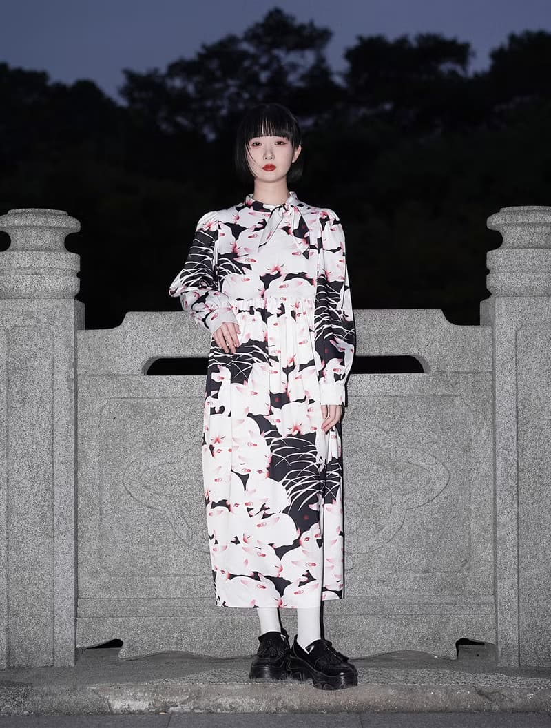 nunuyu目目玉原創設計兔子復古印花長袖優雅小領巾禮服連衣裙