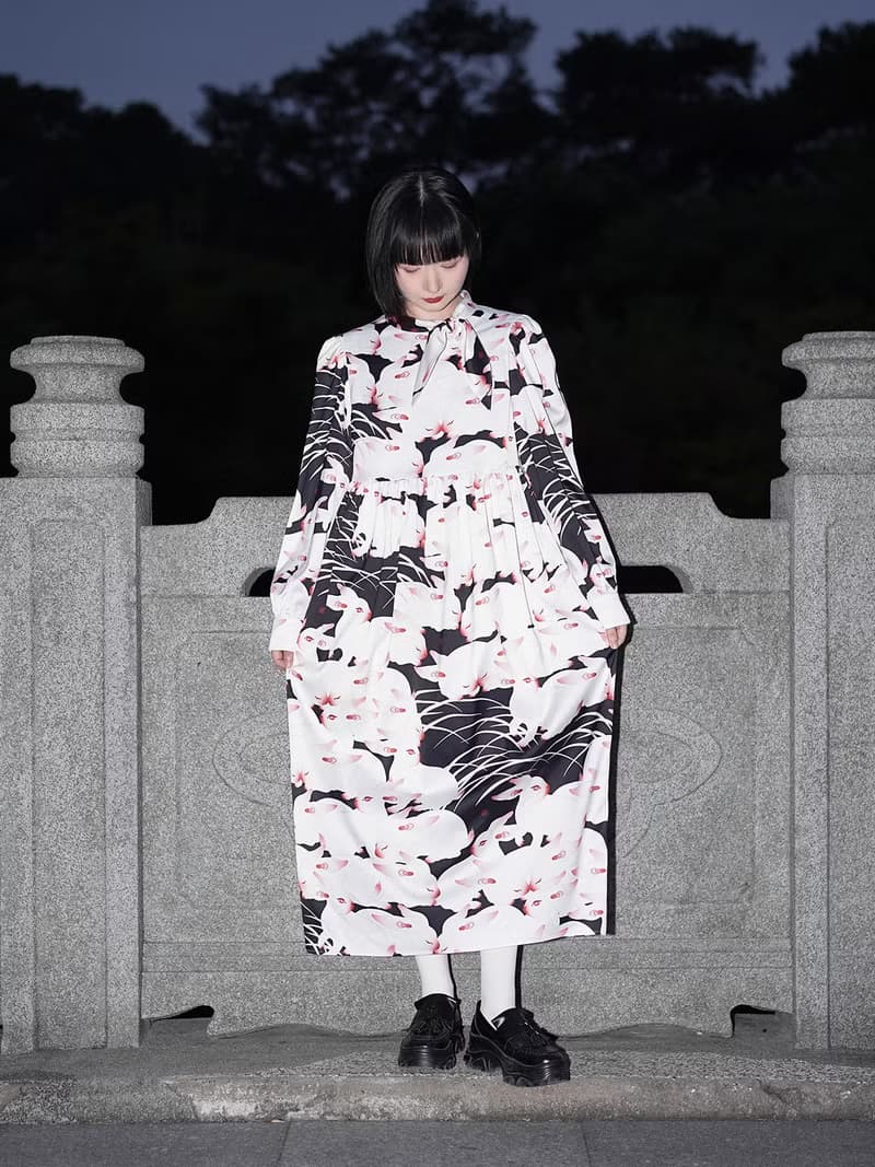 nunuyu目目玉原創設計兔子復古印花長袖優雅小領巾禮服連衣裙