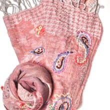 【精品禮盒】釘珠喀什米爾水煮羊毛刺繡圍巾披肩乾燥玫瑰粉拼透紗
