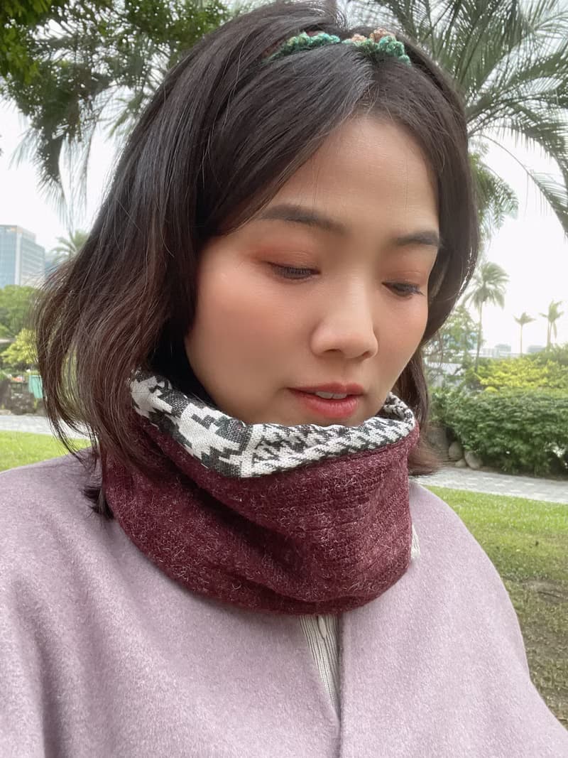 酒紅羊毛千鳥格  抽繩小圍脖 圍巾