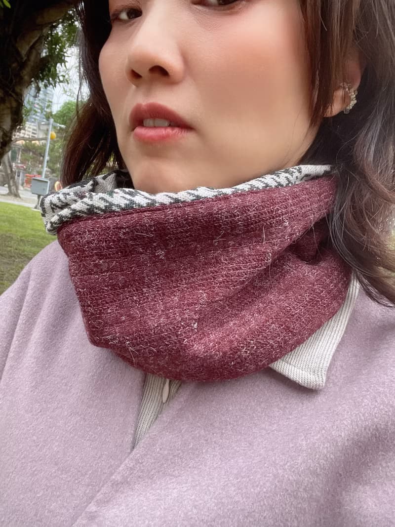 酒紅羊毛千鳥格  抽繩小圍脖 圍巾