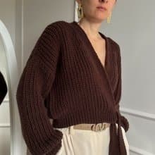Brown knit sweater with belt Tie waist rib knit top Handmade sweater for women
