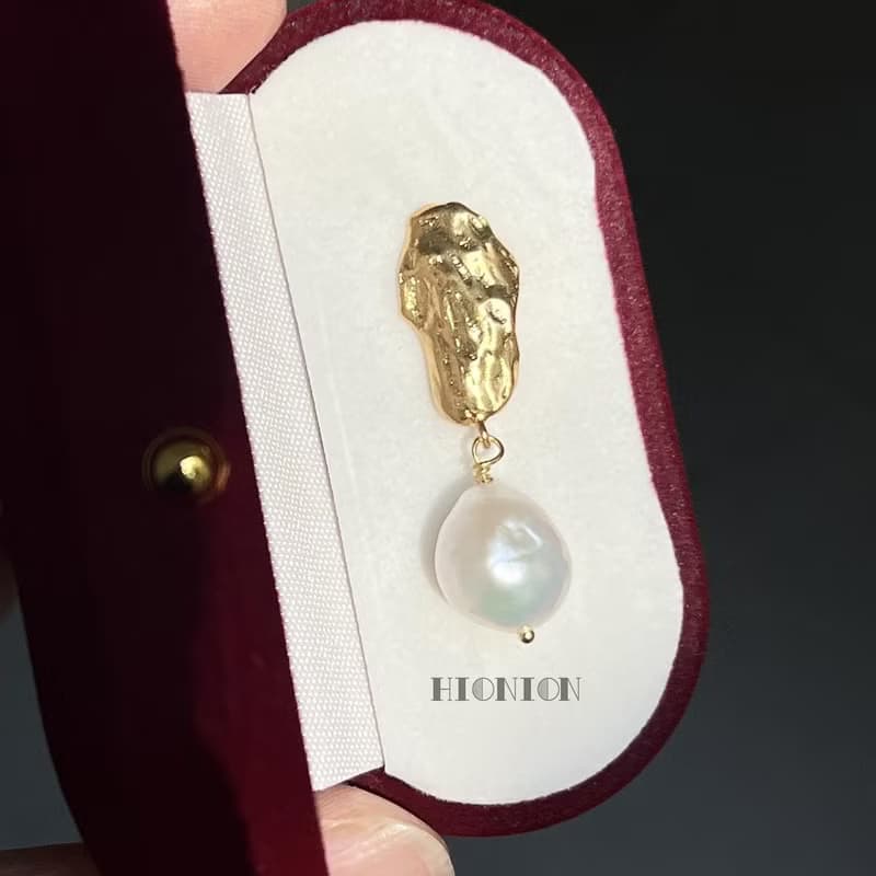 Hi Onion小眾設計天然巴洛克珍珠耳釘銀針不規則錘面耳環復古耳夾