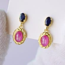 Natural Ruby and Blue Sapphire Drop Earrings Sterling Silver925 with gold plated