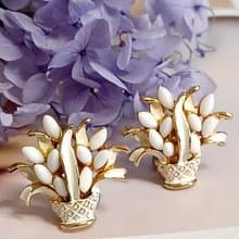 vintage jewelry  ART 白琺瑯花盆 夾式耳環