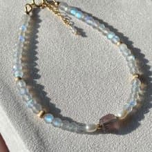 藍光 彩光 拉長石 西瓜碧璽原石 米粒淡水珍珠 14KGF 手鍊 手鏈