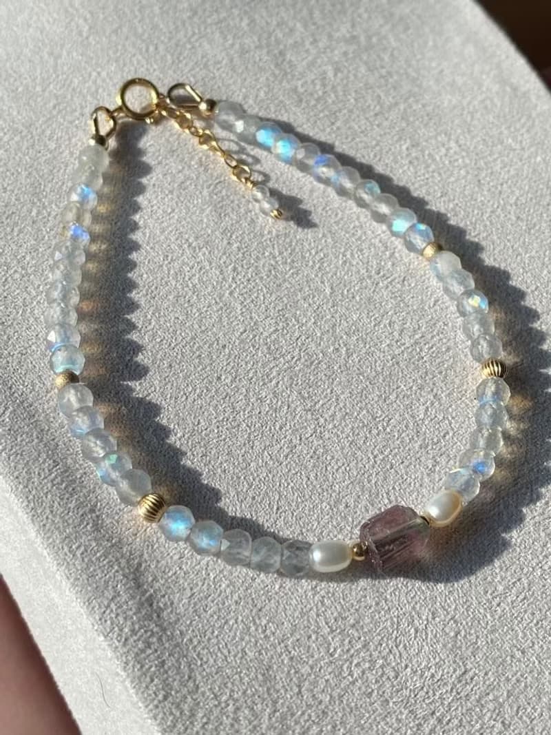 藍光 彩光 拉長石 西瓜碧璽原石 米粒淡水珍珠 14KGF 手鍊 手鏈