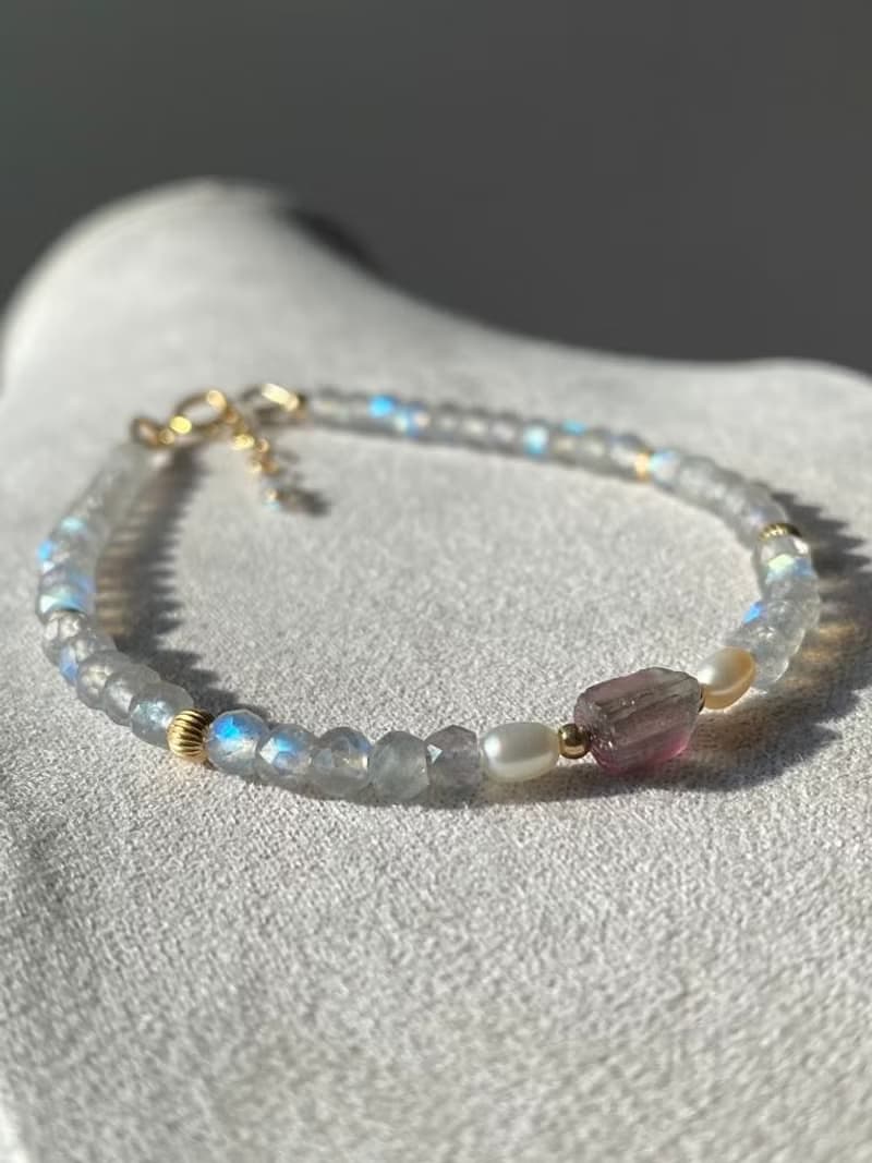 藍光 彩光 拉長石 西瓜碧璽原石 米粒淡水珍珠 14KGF 手鍊 手鏈