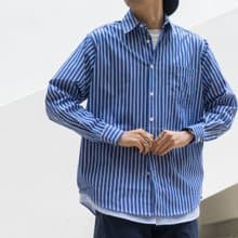 SHIRTS 日系寬松休閒條紋長袖襯衫 層次下襬拼接設計 cityboy