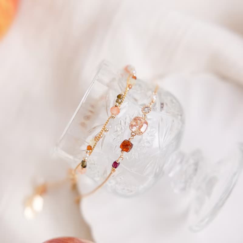 桃花 x 金草莓晶 黃水晶 橙石榴石 黃碧璽【偶然的意亂情迷】手鍊