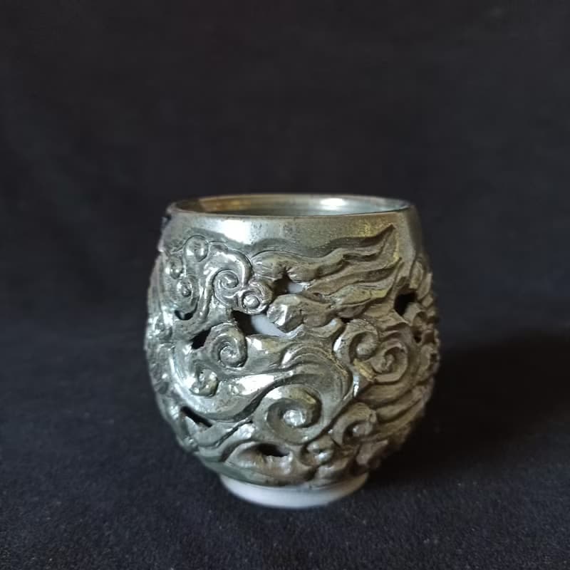 柴燒雙層鏤空防燙雕刻鳳凰祥雲茶杯陳炫亨陶藝家創作