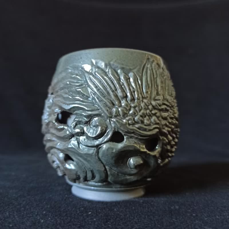 柴燒雙層鏤空防燙雕刻鳳凰祥雲茶杯陳炫亨陶藝家創作