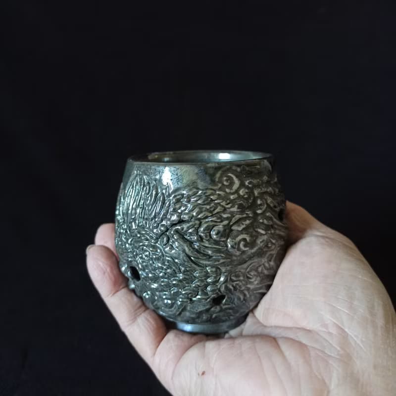 柴燒雙層鏤空防燙雕刻鳳凰祥雲茶杯陳炫亨陶藝家創作