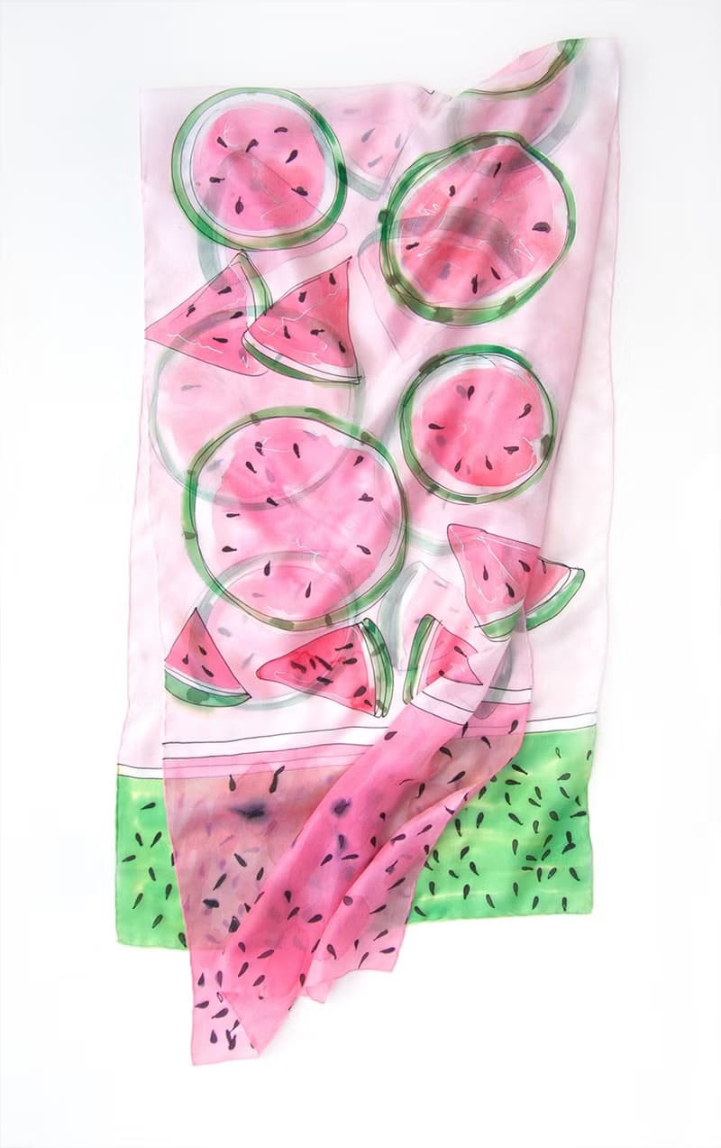 Hand painted silk scarf-Watermelon Juice.