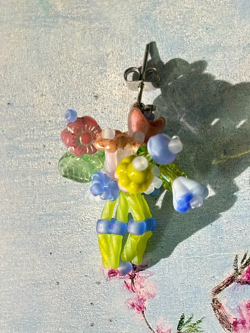手作串珠耳飾 迷你花束耳釘 串珠花朵耳環